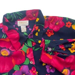 JORDAN WOMAN 24W Navy Blue Pink Orange Floral Print Button Up Long Sleeve Blouse